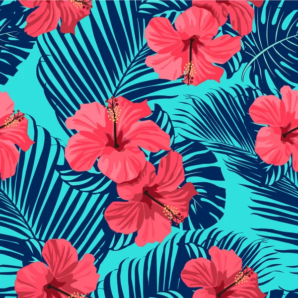 Flores tropicales y hojas de palma sobre fondo. Sin fisuras. Patrón vectorial . — Vector de stock