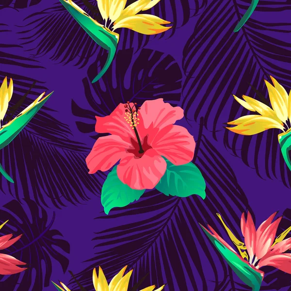 Flores tropicales y hojas de palma sobre fondo. Sin fisuras. Patrón vectorial . — Vector de stock