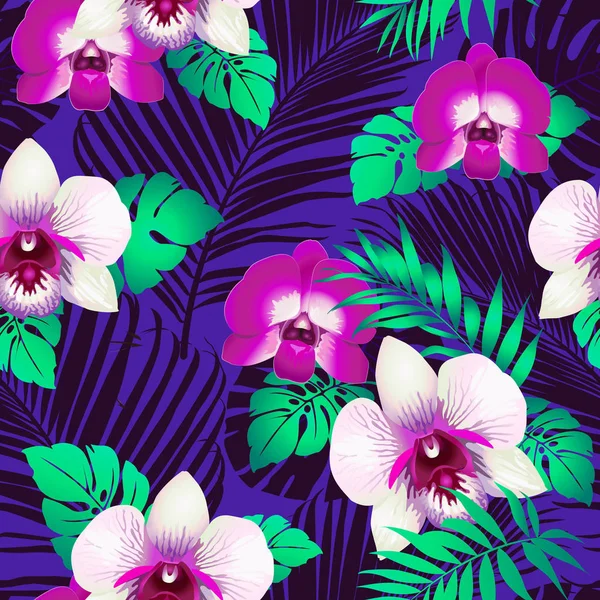 Flores tropicales y hojas sobre fondo. Sin fisuras. Vector . — Vector de stock