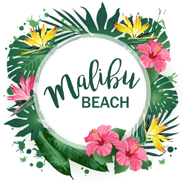 Cartel de Malibu Beach Party. Fondo tropical. Ilustración vectorial — Vector de stock