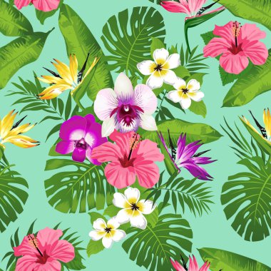 Tropikal çiçek ve yaprak turkuaz arka plan üzerinde. Sorunsuz. Vektör. 