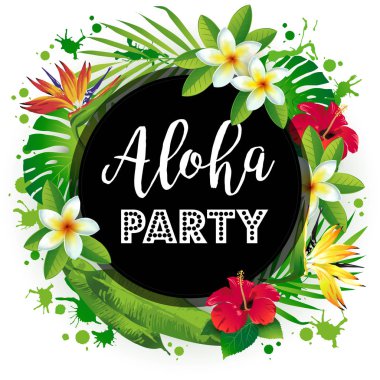 Aloha parti. Tropikal orkide, çiçekler, yapraklar vektör çizim. 