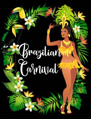 Brezilya karnaval dansçı. Festival kostüm giyen bir güzel samba kız dans ediyor. Parti. 