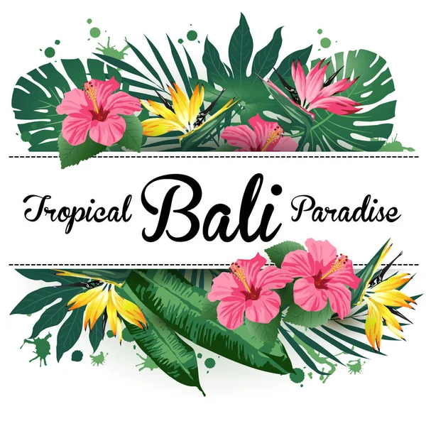 Emblema pubblicitario con disegno del tipo e fiori e piante tropicali. Paradiso tropicale. Bali . — Vettoriale Stock
