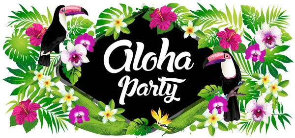 Aoha-Party! Vektorillustration tropischer Vögel, Blumen, Blätter. — Stockvektor