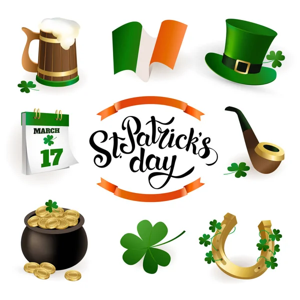 Az illusztrációk beállítása ünneplése St. Patrick's Day. Manó kalap, fazék arany, lóhere, zászló. — Stock Vector