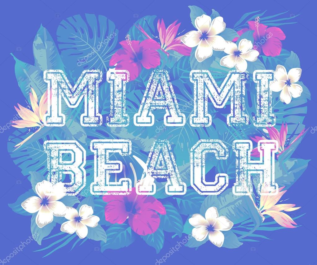 Tropical print background and slogan. For t-shirt or other uses, in vector. Miami Beach. 