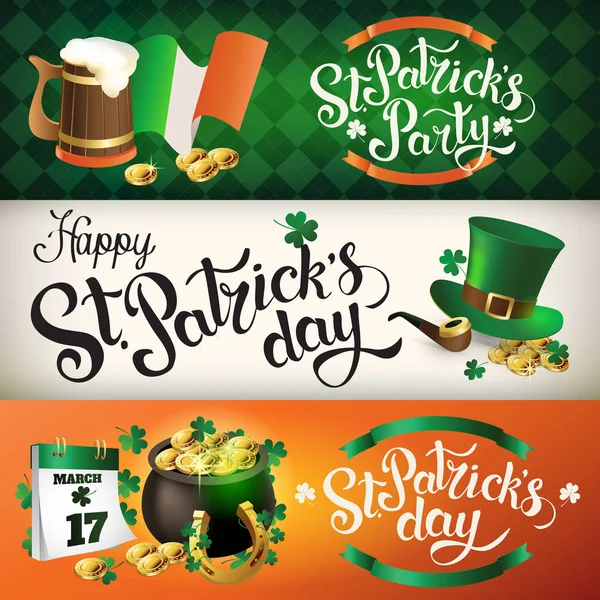 Banner St. Patrick's Day ünneplő illusztrációi. Manó kalap, fazék arany, lóhere, zászló. — Stock Vector