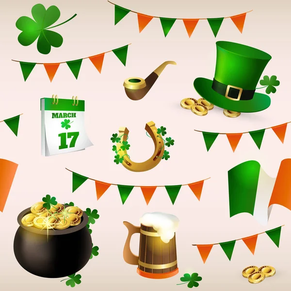Varrat nélküli mintát illusztrációk ünneplő St. Patrick's Day. Manó kalap, fazék arany, lóhere, zászló. — Stock Vector