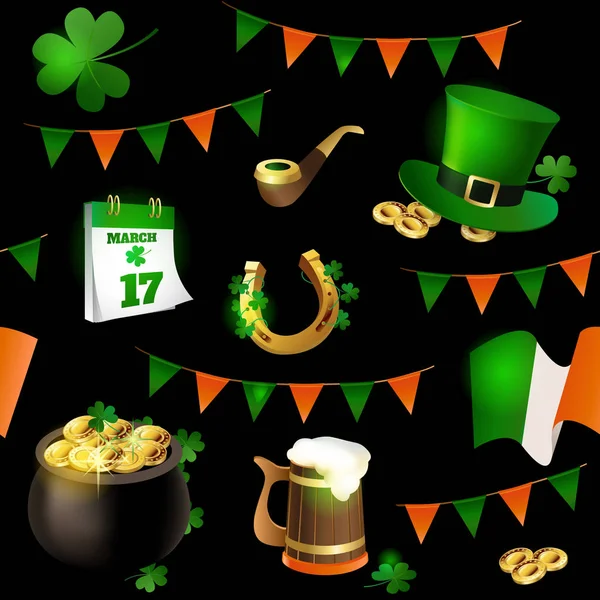 Patrón sin fisuras de ilustraciones para celebrar el Día de San Patricio. Sombrero duende, olla de oro, trébol y bandera . — Archivo Imágenes Vectoriales