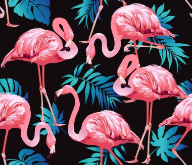 Flamingo Bird ve tropik çiçekler arka plan - Dikişsiz desen vektör 