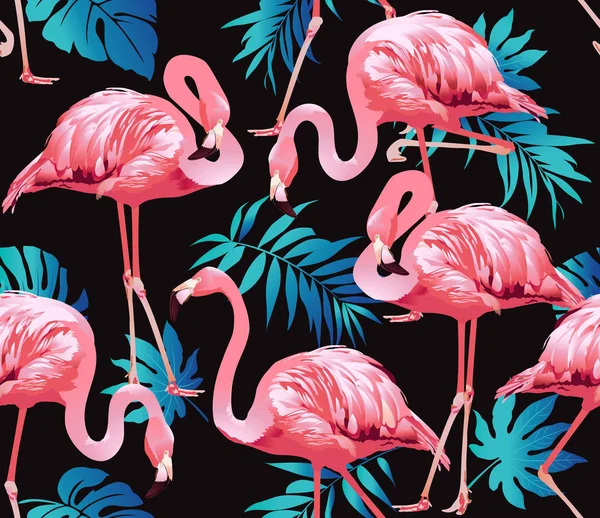 Flamingo Bird and Tropical Flowers Background - Seamless pattern vector — Stock Vector