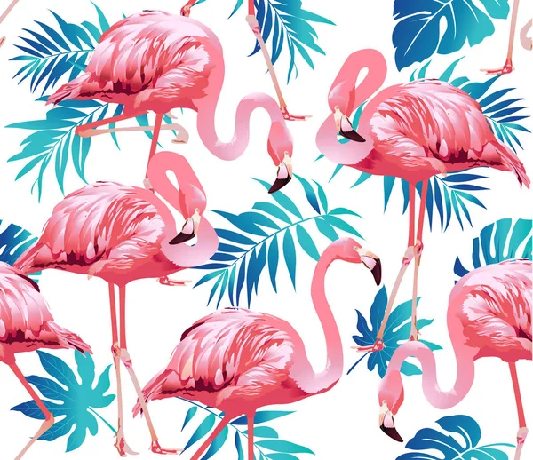 Flamingo fågel och tropiska blommor bakgrund - sömlösa mönster vektor — Stock vektor