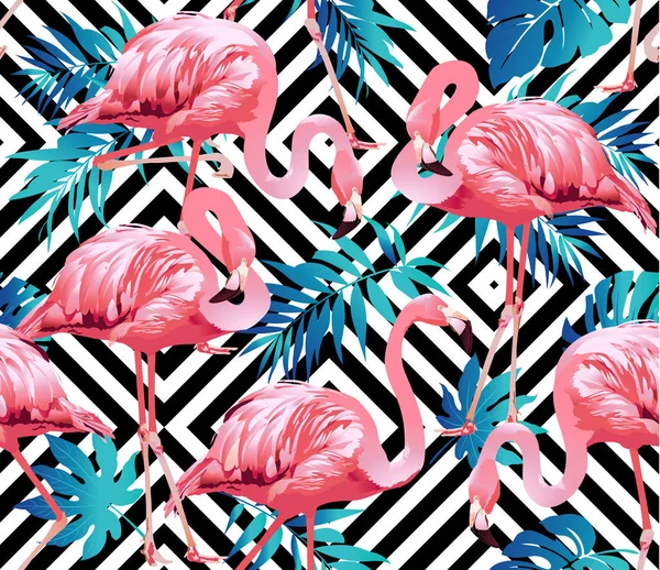 Flamant rose oiseau et fleurs tropicales Arrière-plan - Vecteur de motif sans couture — Image vectorielle