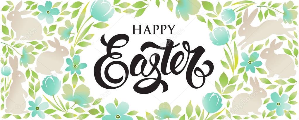 Easter bunny with floral ornaments. Happy Easter greeting banner. 