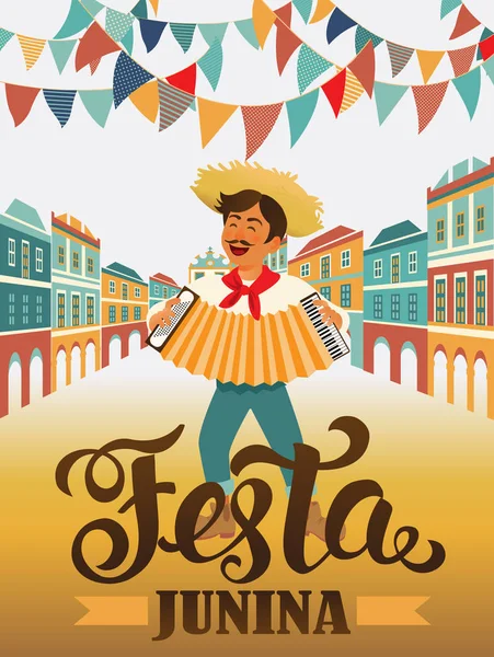 Músico com um acordeão. Festa do feriado brasileiro Junina. Festa de Junho. Ilustração vetorial — Vetor de Stock