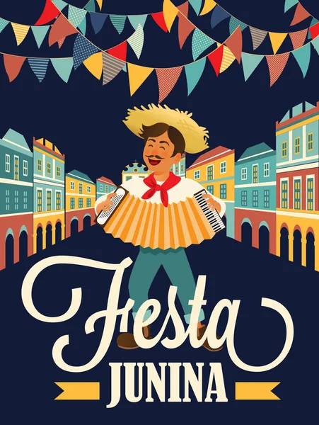 Muzikant met een accordeon. Braziliaanse vakantie Festa Junina. Juni partij. Vectorillustratie — Stockvector