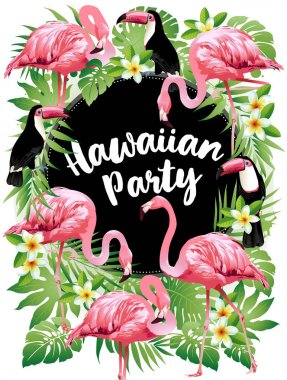  Hawai partisi. Tropikal kuşlar, çiçekler, yapraklar vektör çizim. 