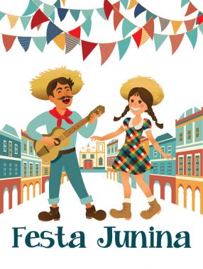 Müzisyen bir gitar ve kız. Brezilya tatil Festa Junina. Haziran parti. Vektör çizim 