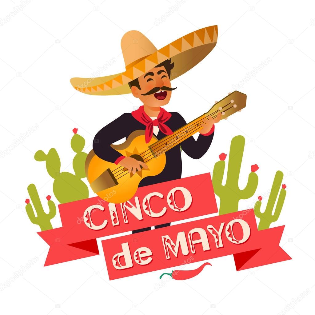Mexico guitar player at the Cinco De Mayo festival. Mexican and Latin music folk celebration. Vector Illustration. 