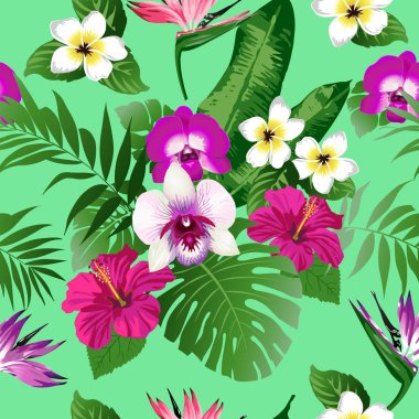 Tropikal çiçek ve yaprak zemin üzerine. Sorunsuz. Vektör