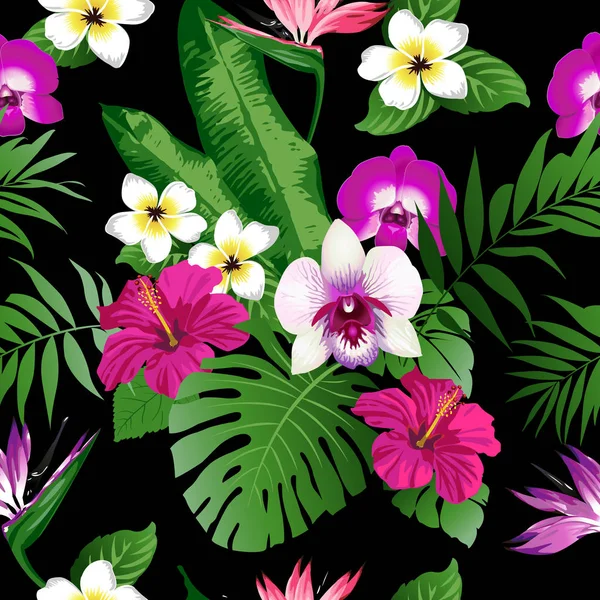 Flores tropicales y hojas sobre fondo. Sin fisuras. Vector — Archivo Imágenes Vectoriales