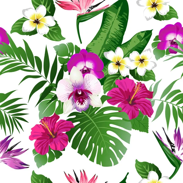 Fleurs tropicales et feuilles sur fond. Sans couture. Vecteur — Image vectorielle