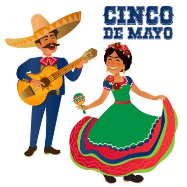 Cinco De Mayo festivalinde Meksika dansçı ve gitar çalar. Meksika ve Latin müzik halk kutlama. Vektör çizim. 