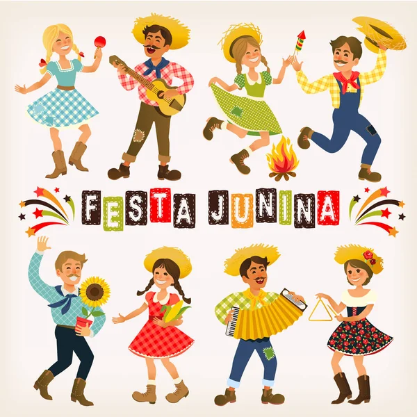 Festa Junina Brasilien juni Festival. Folklore Holiday. Tecken. Vektorillustration. — Stock vektor