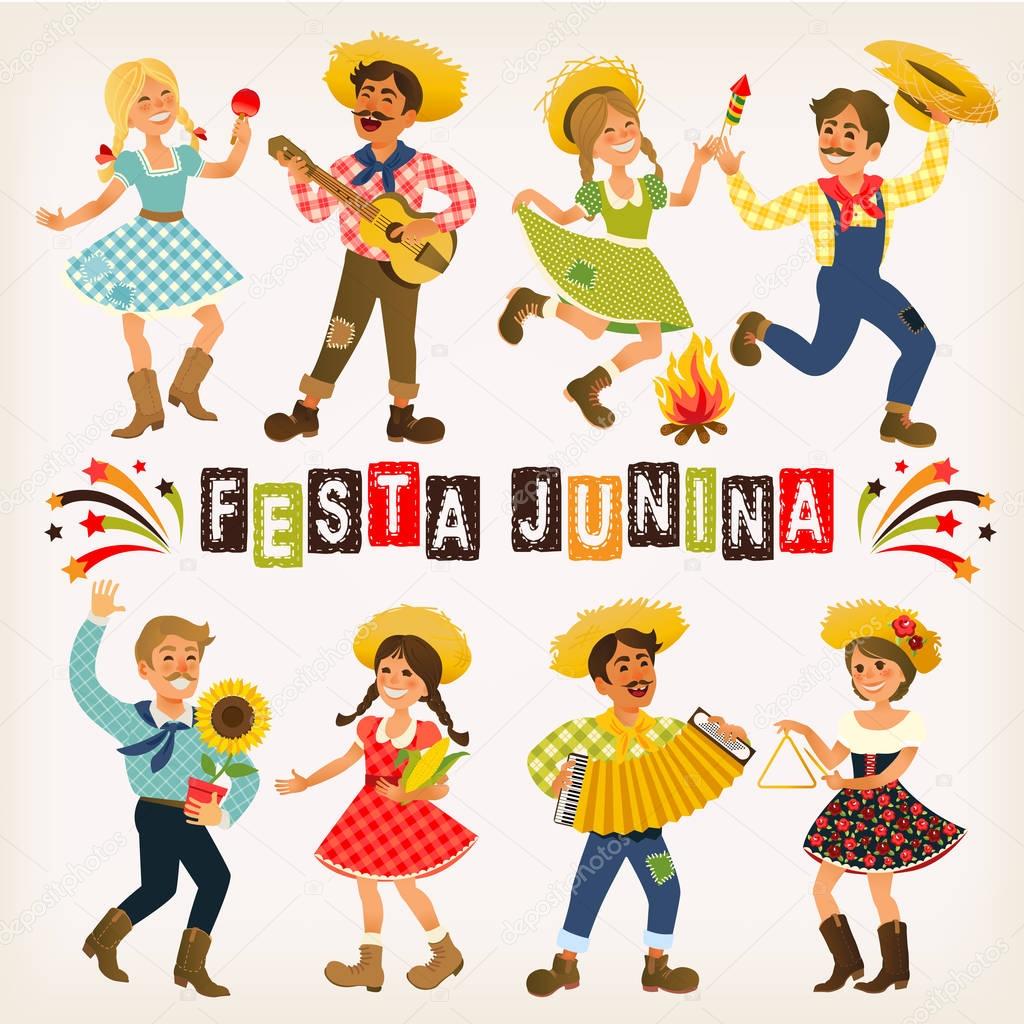 Festa Junina Brazil June Festival. Folklore Holiday. Characters. Vector Illustration.
