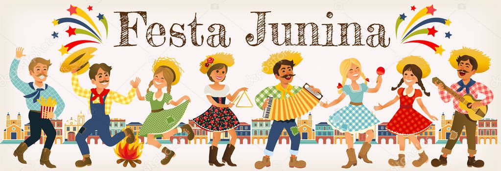 Festa Junina - Brazil June Festival. Folklore Holiday banner. Characters. Vector Illustration.