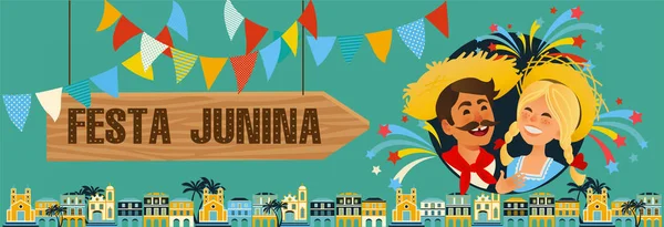 Festa Junina - Festival de junio de Brasil. Folklore Banner de vacaciones. Personajes. Ilustración vectorial . — Archivo Imágenes Vectoriales