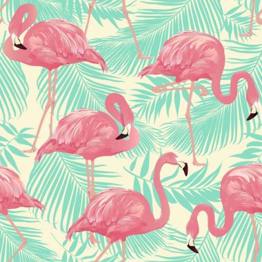 Arka plan - Dikişsiz desen vektör palm Flamingo Bird ve tropikal