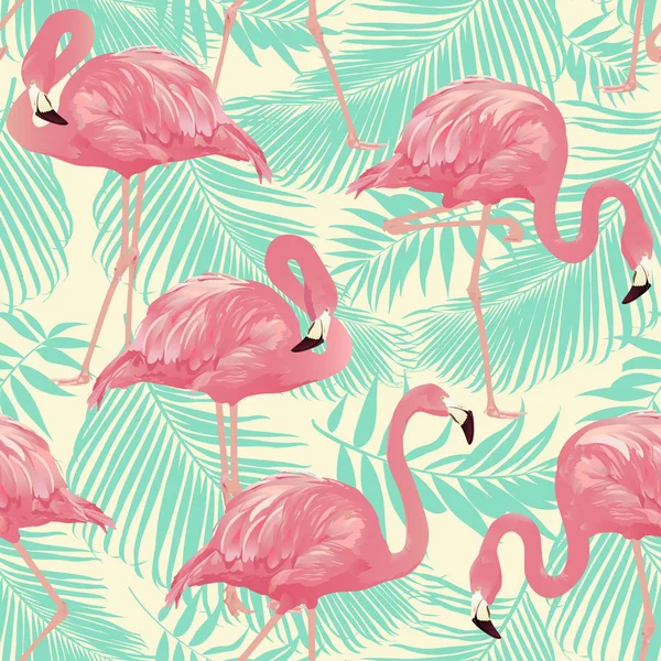 Flamingo Oiseau et fond de palmier tropical - vecteur de motif sans couture — Image vectorielle