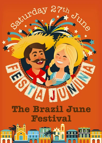 Festa junina brasil june festival banner. Folklore-Urlaub. Charaktere. Vektorillustration. — Stockvektor