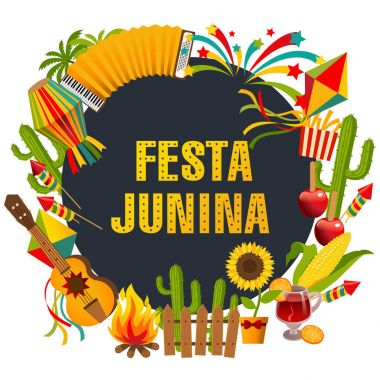 Festa junina çizgi film arka plan ile geleneksel kutlama sembolleri düz vektör çizim oluşan dekoratif çerçeve