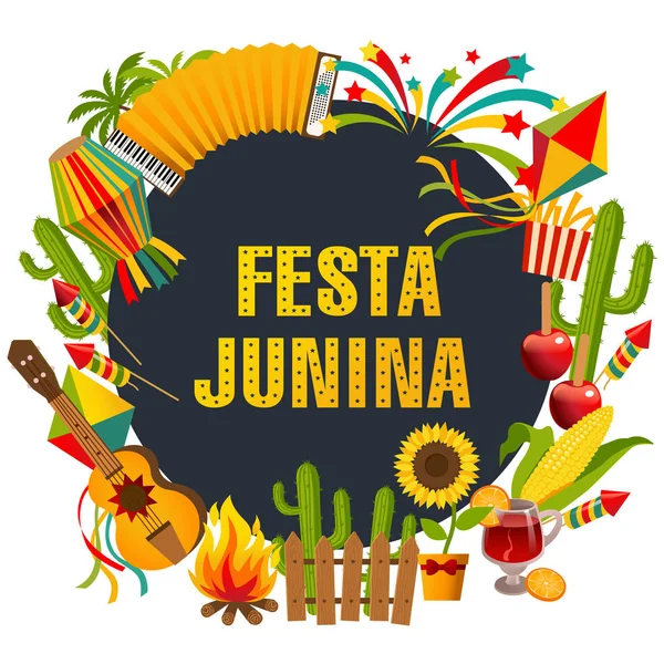 Festa junina cartoon achtergrond met Decoratief frame bestaande uit traditionele feest symbolen platte vectorillustratie — Stockvector