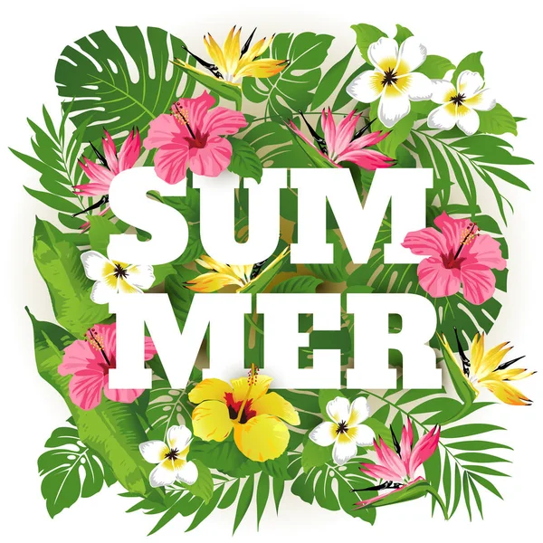 Рекламная эмблема с типовым дизайном и тропическими цветами и растениями. Тропический рай. Лето . — стоковый вектор
