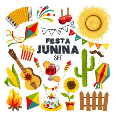 Festa Junina (Brezilya June Festivali) parti dekorasyon ayarlayın. Vektör çizim.