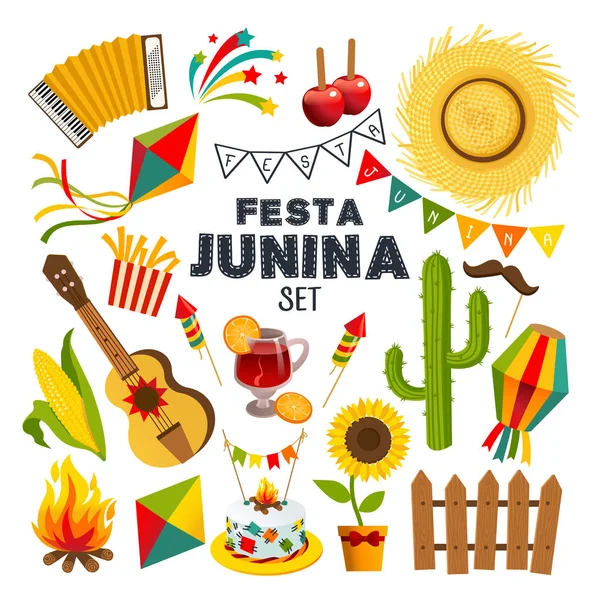 Set Festa Junina (Festival Brasileño de Junio) decoración de la fiesta. Ilustración vectorial . — Vector de stock