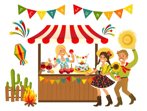 Tienda de campaña Festa Junina Caramelo de manzana brasileña - Festival de la fiesta de junio. Ilustración vectorial . — Archivo Imágenes Vectoriales