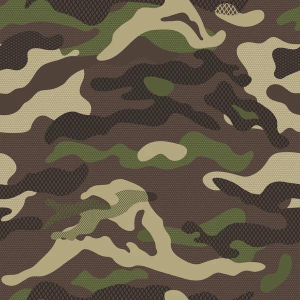 Camouflage patroon achtergrond naadloze vectorillustratie. Klassieke kleding stijl maskeren Herhaal afdrukken. Zwarte olijf groen bruin kleuren forest textuur — Stockvector