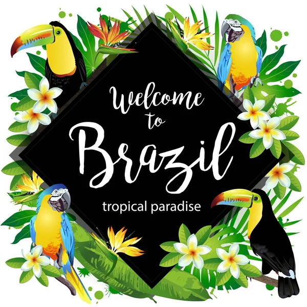 ブラジルへようこそ!熱帯の鳥、花、葉のベクトル イラスト. — ストックベクタ