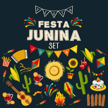 Festa junina arka plan ile geleneksel kutlama sembolleri düz vektör çizim oluşan dekoratif çerçeve