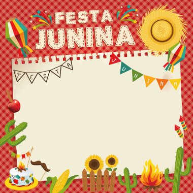 Festa Junina - Brezilya June Festivali. Retro Poster folklor tatil. Kafes arka plan. Vektör çizim.