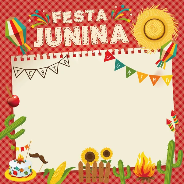 Festa Junina - Festival de junio de Brasil. Cartel retro de Folklore Holiday. Fondo de la jaula. Ilustración vectorial . — Vector de stock