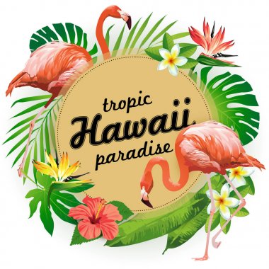 Hawaii tropik cennet flamingo. Tropikal kuşlar, çiçekler, yapraklar vektör çizim.
