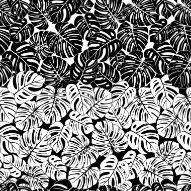 Seamless repeating pattern with silhouettes of palm tree leaves in black and white background. clipart
