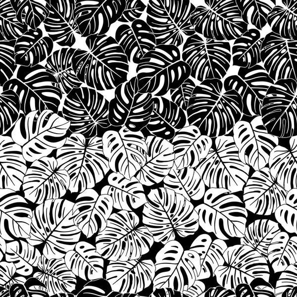 Motif répétitif sans couture avec des silhouettes de feuilles de palmier en fond noir et blanc . — Image vectorielle