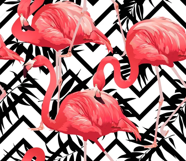 Flamingo ptak i tropikalny tło kwiaty - wektor wzór — Wektor stockowy